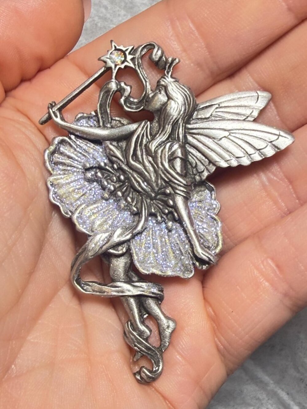 Fairy Angel Brooch Purple Glitter Wand Flower Pewter Vintage JJ Pin 2 inches